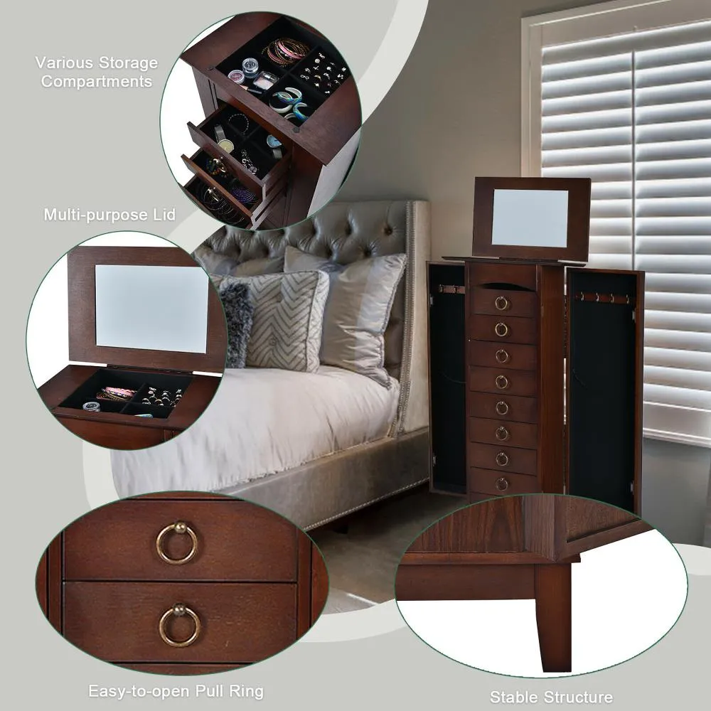 Costway Contemporary Walnut Jewelry Armoire with 9 Drawers and Partitioned Storage, Freestanding Floor Cabinet with Mirror, photo 9 of 12