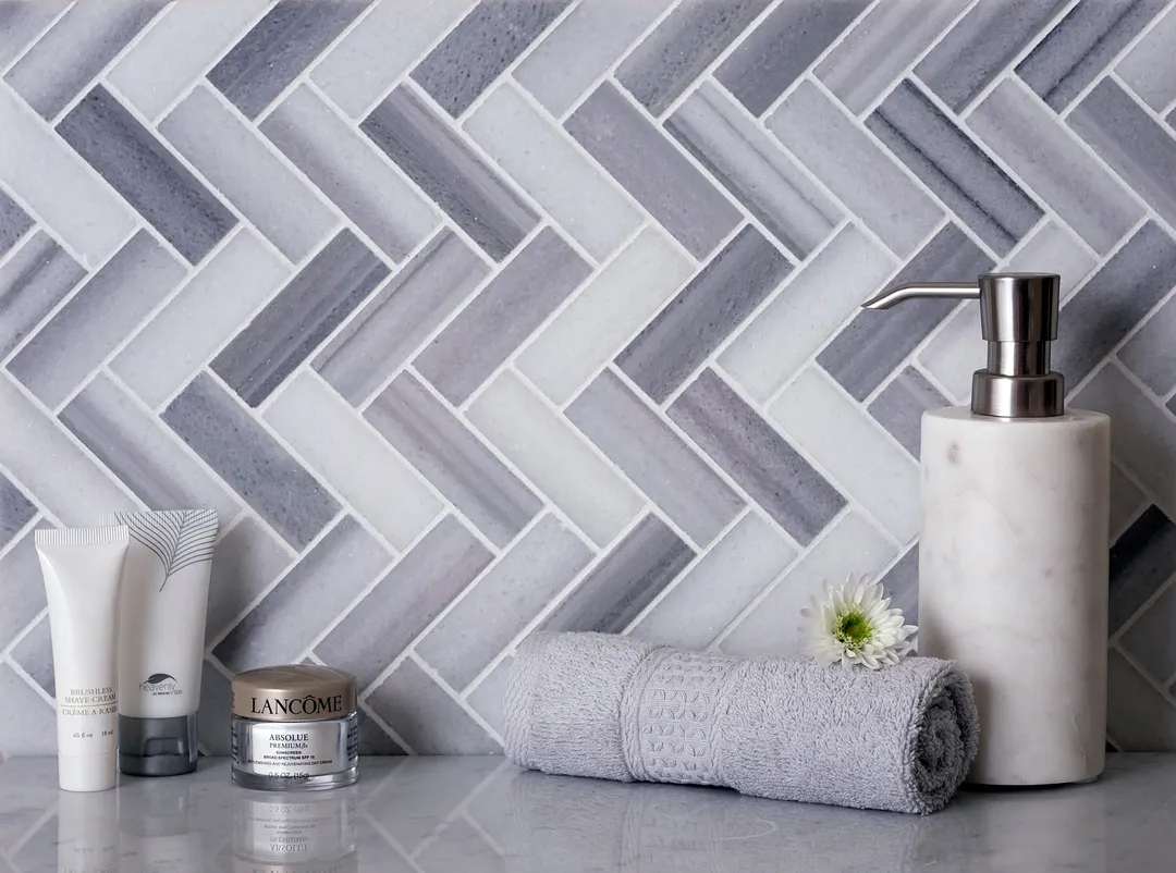 Apollo Tile (Sample) Gray 4-in x 4-in Polished Glass/Metal/Stone Marble Herringbone Floor and Wall Tile, photo 8 of 11