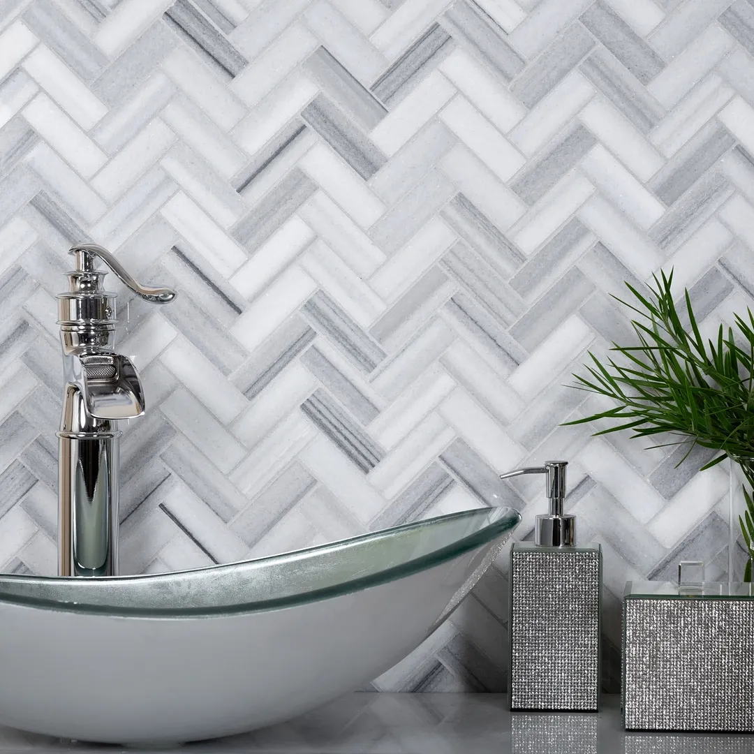 Apollo Tile (Sample) Gray 4-in x 4-in Polished Glass/Metal/Stone Marble Herringbone Floor and Wall Tile, photo 2 of 11