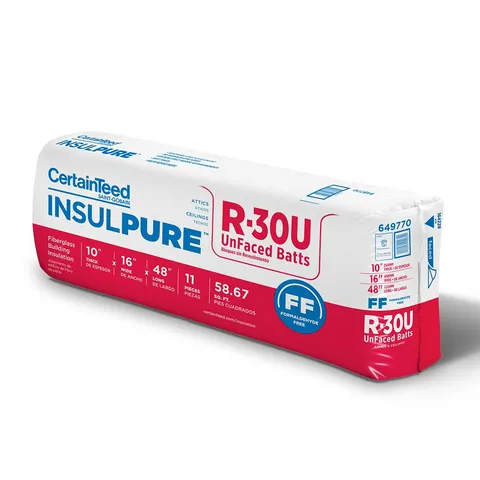 R-30 Unfaced Fiberglass Batt Insulation, 16 × 48 in, 58.67 sq ft