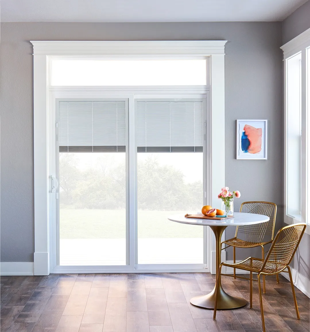 Pella 150 Series 72-in x 80-in x 4-9/16-in Jamb Low‑E Blinds-Between-the-Glass White Vinyl Right-Hand Sliding Double Patio Door, photo 4 of 8