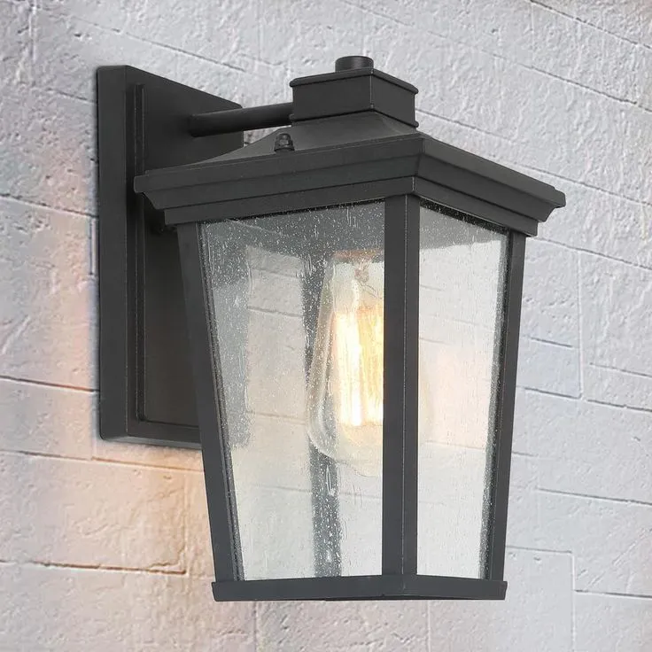 1-Light Black 11 in. H Square Patio LED Decorative Outdoor Metal Caged Wall Lantern Seeded Glass Sconce, photo 5 of 15