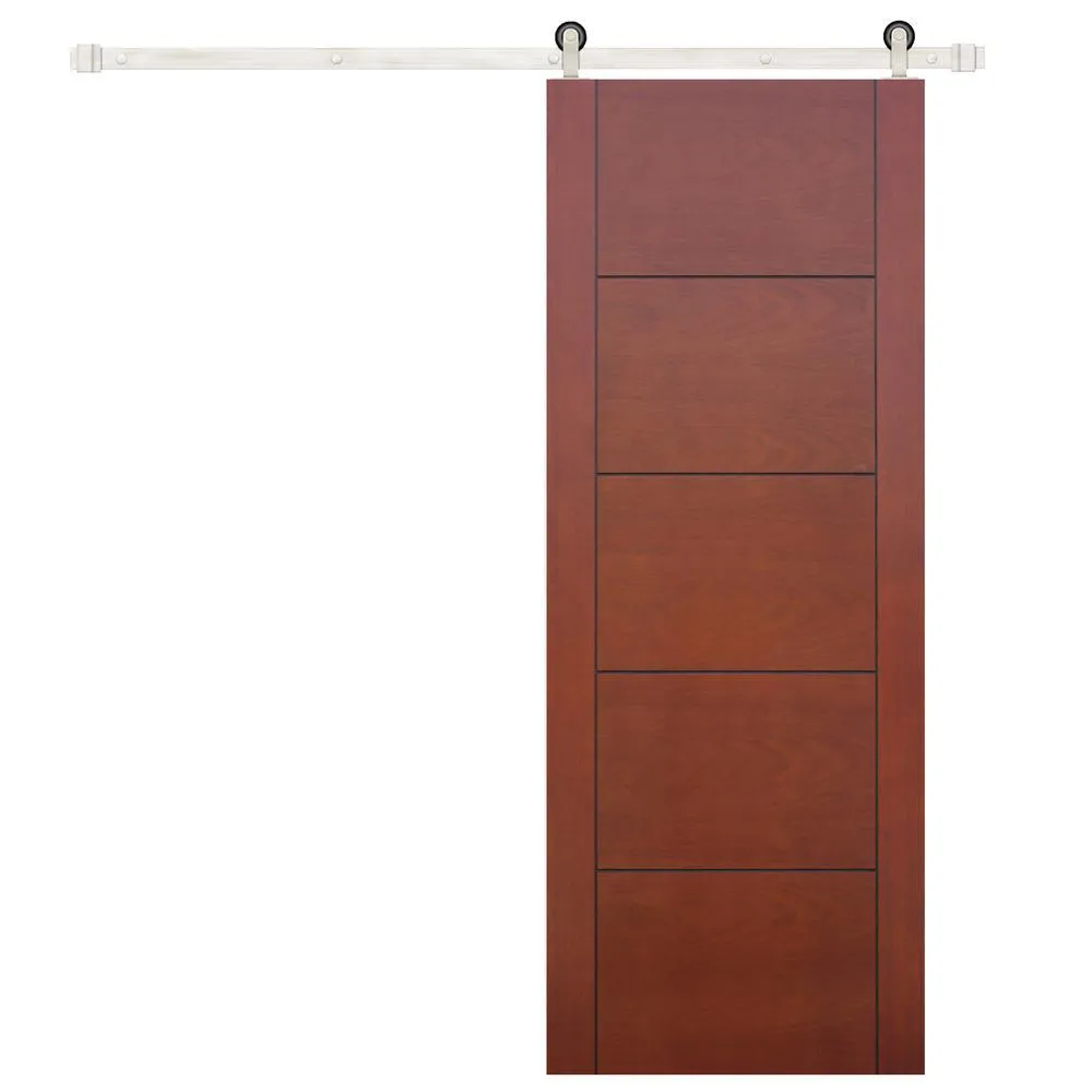Pacific Entries 36 in. x 84 in. Contemporary Prefinished 5-Panel Flush Mahogany Wood Sliding Barn Door with Bronze Hardware Kit, photo 7 of 8