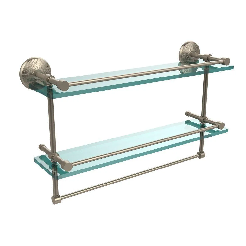 Allied Brass 22 in. L x 12 in. H x 5 in. W 2-Tier Clear Glass Bathroom Shelf with Towel Bar in Satin Nickel, photo 5 of 13