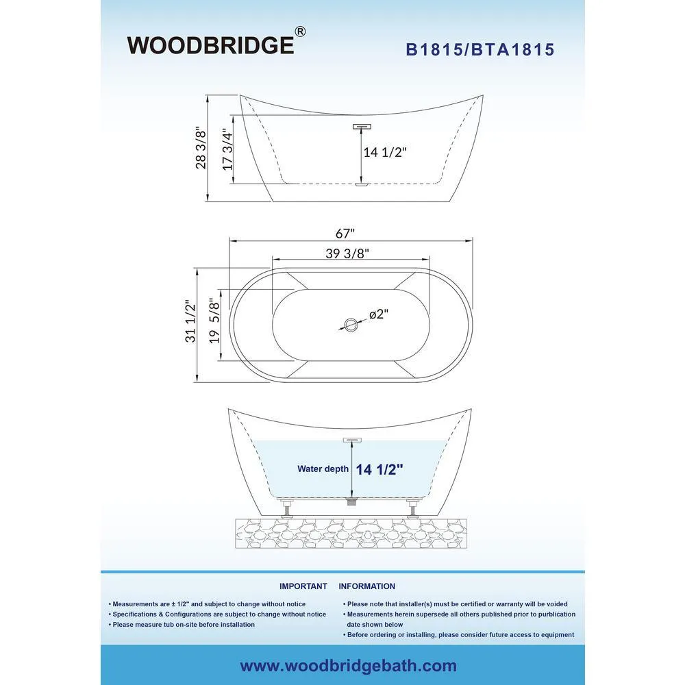 WOODBRIDGE Rolande 67 in. Acrylic Freestanding Double Slipper Soaking Bathtub with Center Drain and Overflow, Black, photo 5 of 7