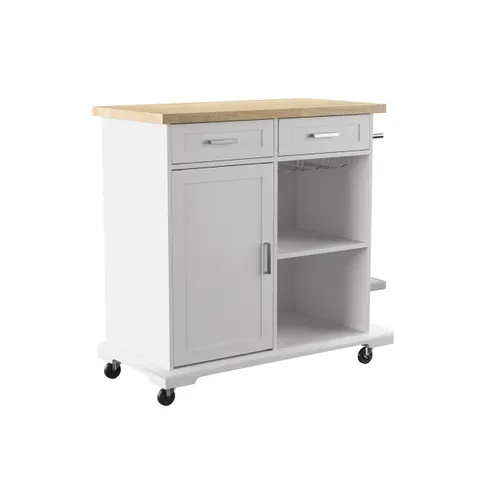 White Composite Base with Composite Wood Top Rolling Kitchen Island