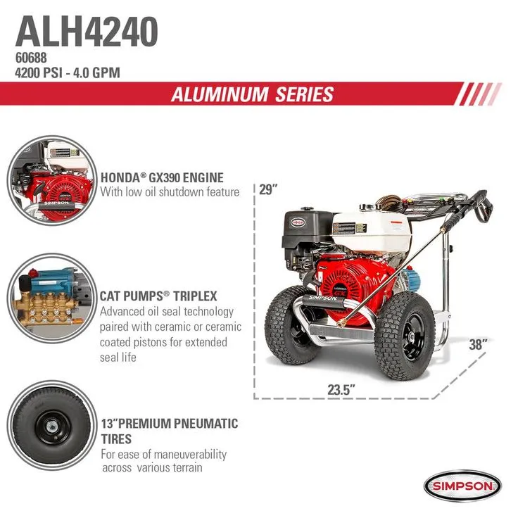 Simpson Aluminum 4200 PSI at 4.0 GPM HONDA GX390 Cold Water Gas Pressure Washer, photo 3 of 9