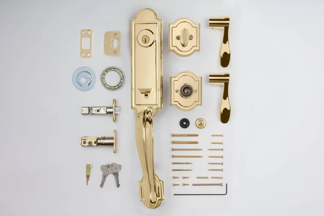 Kwikset Prestige Avendale Single-Cylinder Handleset with Arch Rose Tobin Lever, Lifetime Polished Brass, SmartKey Security, photo 7 of 8