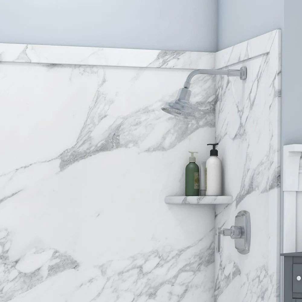 Elite 32 in. x 60 in. x 60 in. 9-Piece Easy Up Adhesive Tub Surround in Calacatta White, photo 2 of 25