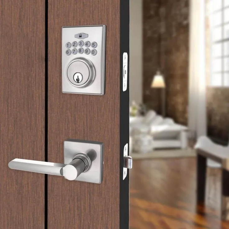 Defiant Square Satin Nickel Electronic Keypad Single Cylinder Deadbolt with Tonbridge Hall and Closet Door Lever Combo Pack, photo 7 of 9