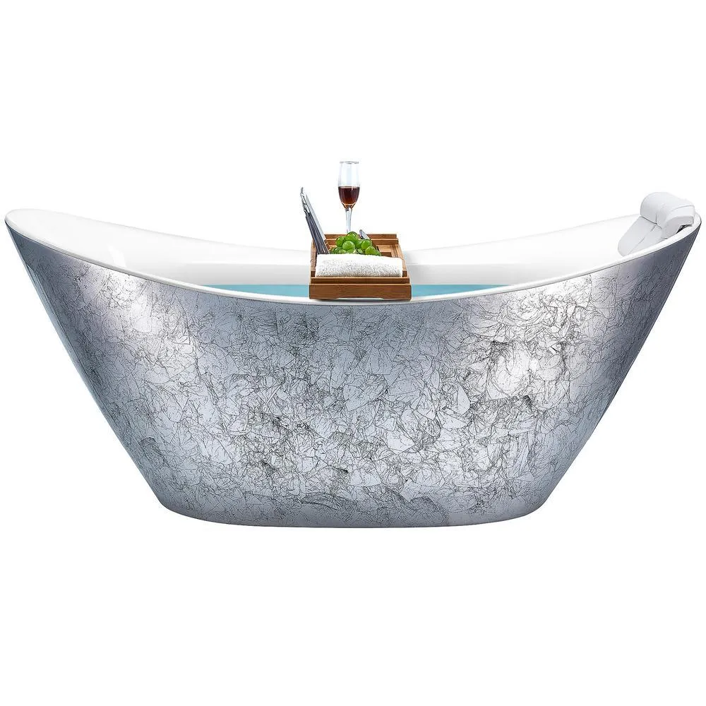 Freestanding 67 in. Acrylic Flatbottom Bathtub Modern Stand Alone Tub Luxurious SPA Tub in Glossy Silver, photo 3 of 7