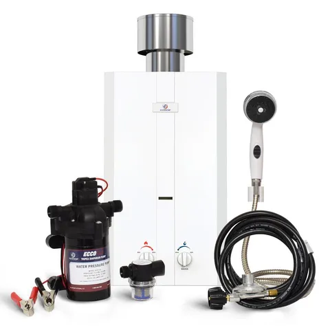 L10 3.0 GPM Portable 75,000 BTU Liquid Propane Outdoor Tankless Water Heater Eccoflo Pump&Strainer & Shower Set