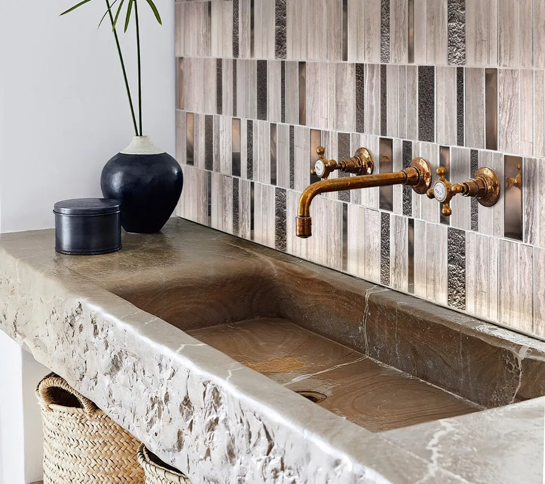 Apollo Tile (Sample) Floor and Wall Tile Brown and Beige 4-in x 4-in Polished Glass/Metal/Stone Quartz Linear Patterned Floor and Wall Tile, photo 2 of 7