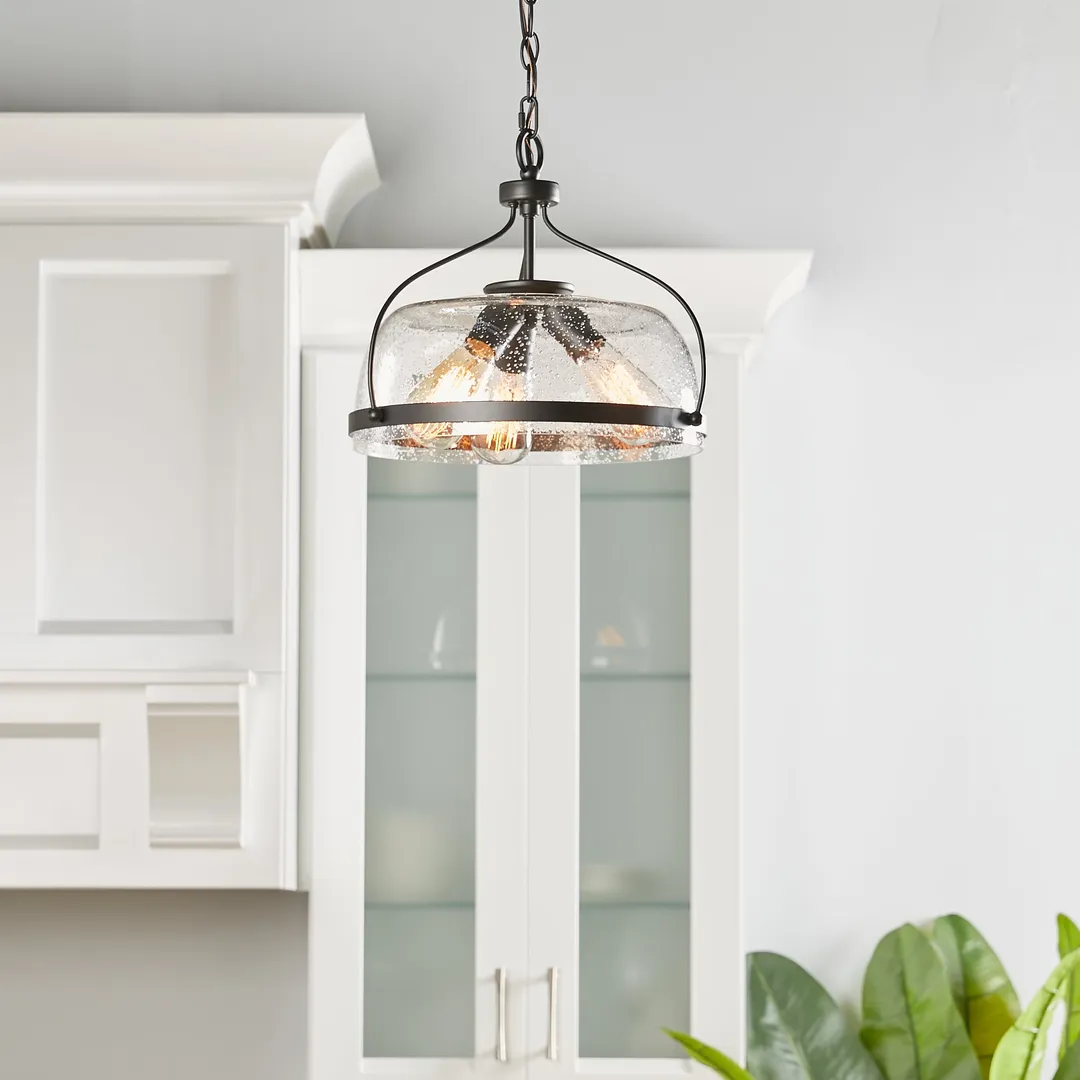 Quoizel Henderson 3-Light Matte Black Farmhouse Seeded Glass Bowl Pendant Light, 15-in, photo 8 of 12