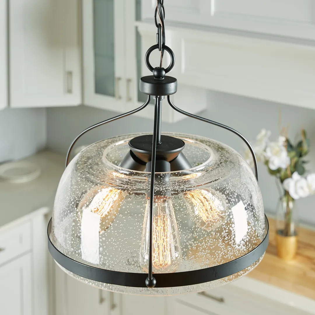 Quoizel Henderson 3-Light Matte Black Farmhouse Seeded Glass Bowl Pendant Light, 15-in, photo 10 of 12