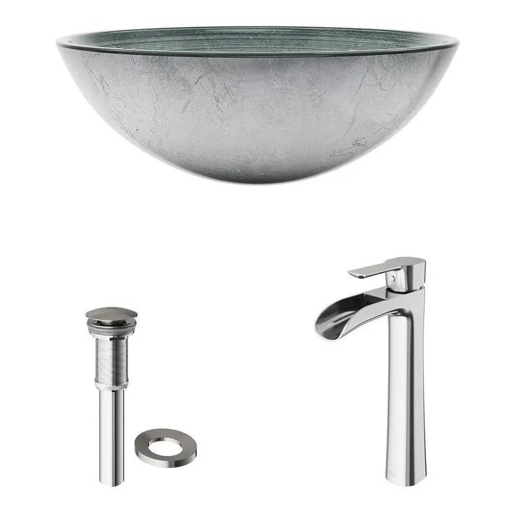VIGO Glass Vessel Bathroom Sink in Simply Silver and Niko Faucet Set in Brushed Nickel, photo 4 of 11