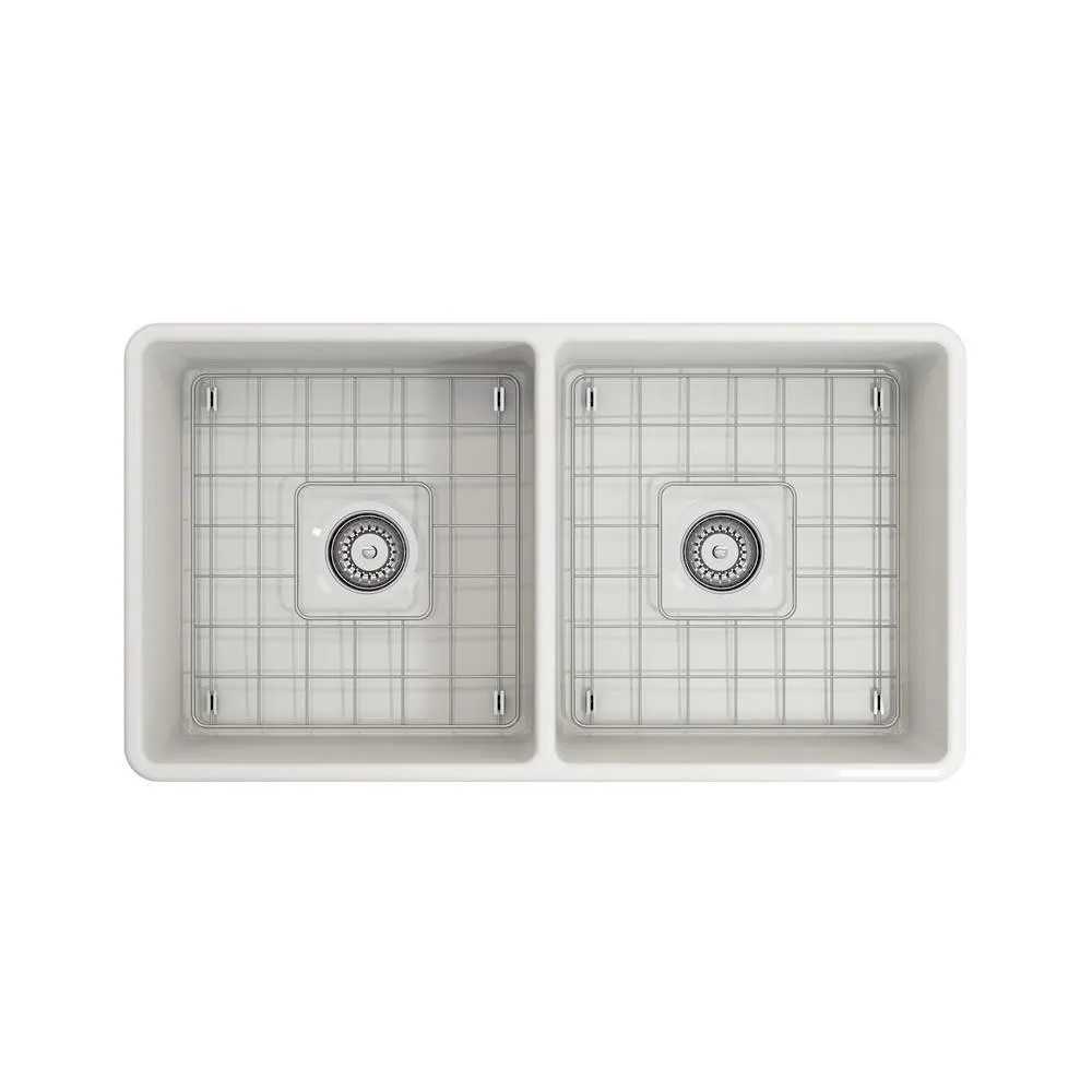 Classico Farmhouse Apron Front Fireclay 33 in. Double Bowl Kitchen Sink with Bottom Grid and Strainer in White, photo 4 of 15