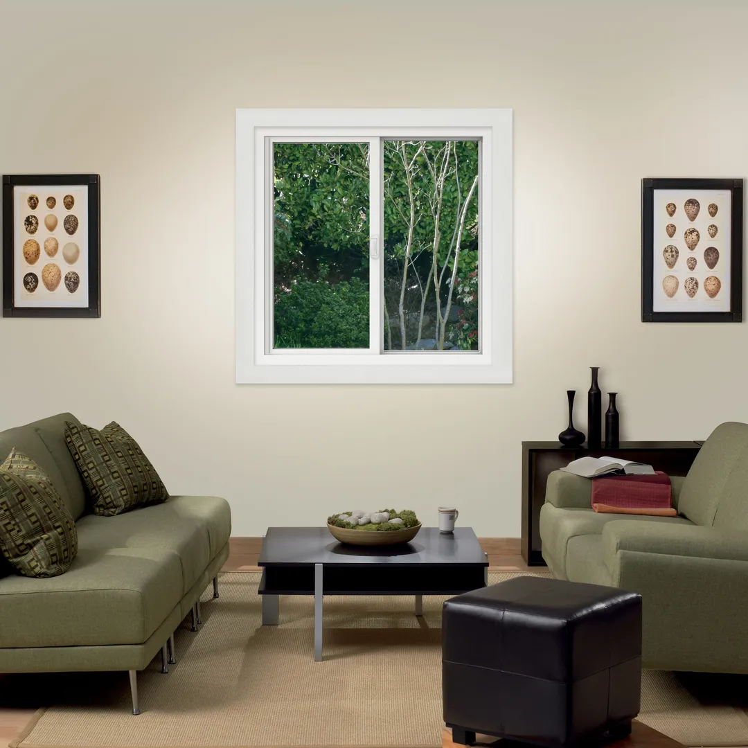 JELD-WEN FiniShield V-4500 35-1/2-in x 35-1/2-in x 3-in Jamb Right-Operable Vinyl Sliding Window, Black Exterior/White Interior, Full Screen Included, photo 6 of 8