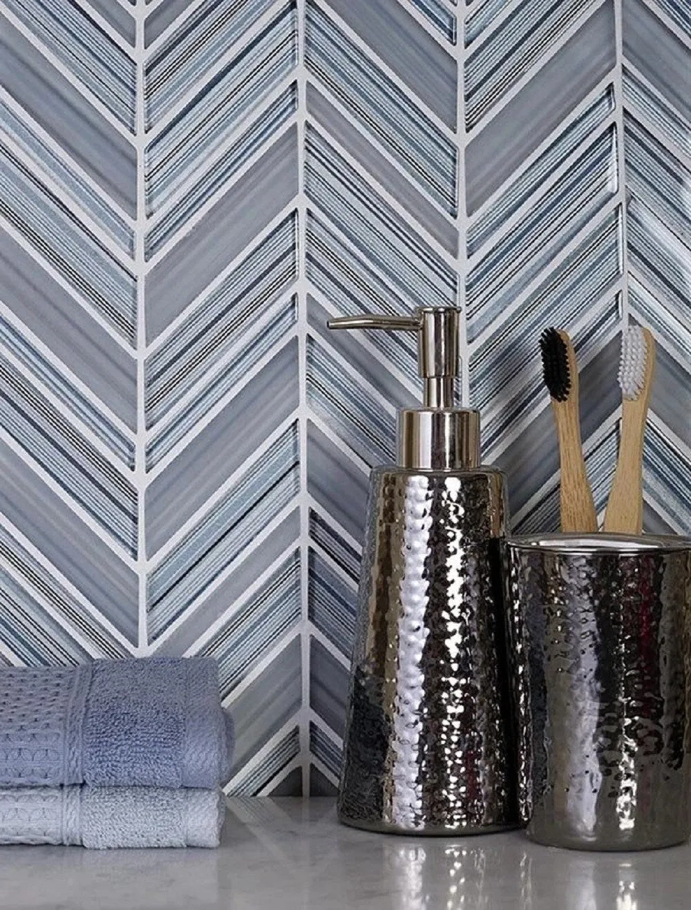 Apollo Tile (Sample) Glacier Blue and Gray 4-in x 4-in Polished Glass Chevron Mosaic Floor and Wall Tile, photo 3 of 5