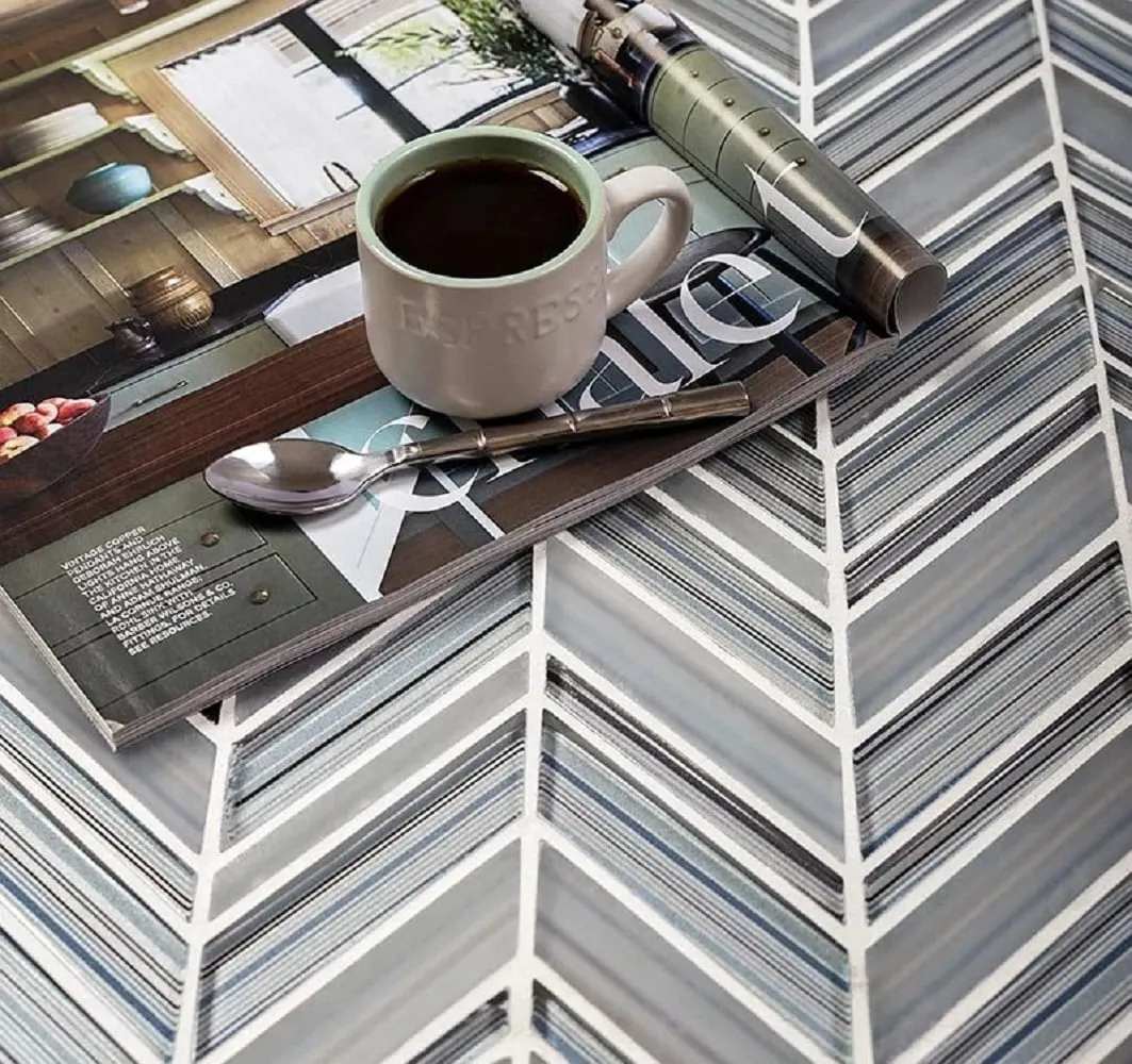 Apollo Tile (Sample) Glacier Blue and Gray 4-in x 4-in Polished Glass Chevron Mosaic Floor and Wall Tile, photo 2 of 5