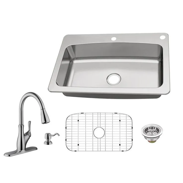 All-in-One Dual Mount 18-Gauge Stainless Steel 25 in. 2-Hole Single Bowl Kitchen Sink with Pull-Out Kitchen Faucet, photo 5 of 7