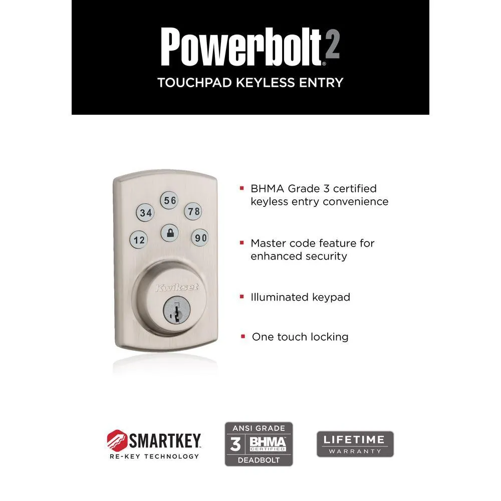 Kwikset Powerbolt2 Satin Nickel Single Cylinder Electronic Deadbolt Featuring SmartKey Security and Balboa Passage Lever, photo 3 of 8