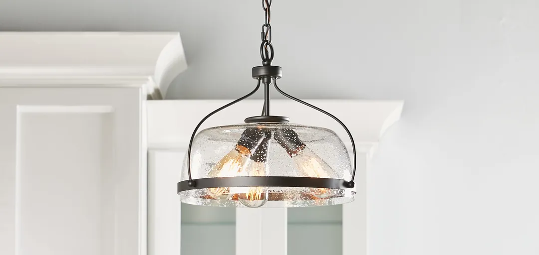 Quoizel Henderson 3-Light Matte Black Farmhouse Seeded Glass Bowl Pendant Light, 15-in, photo 9 of 12