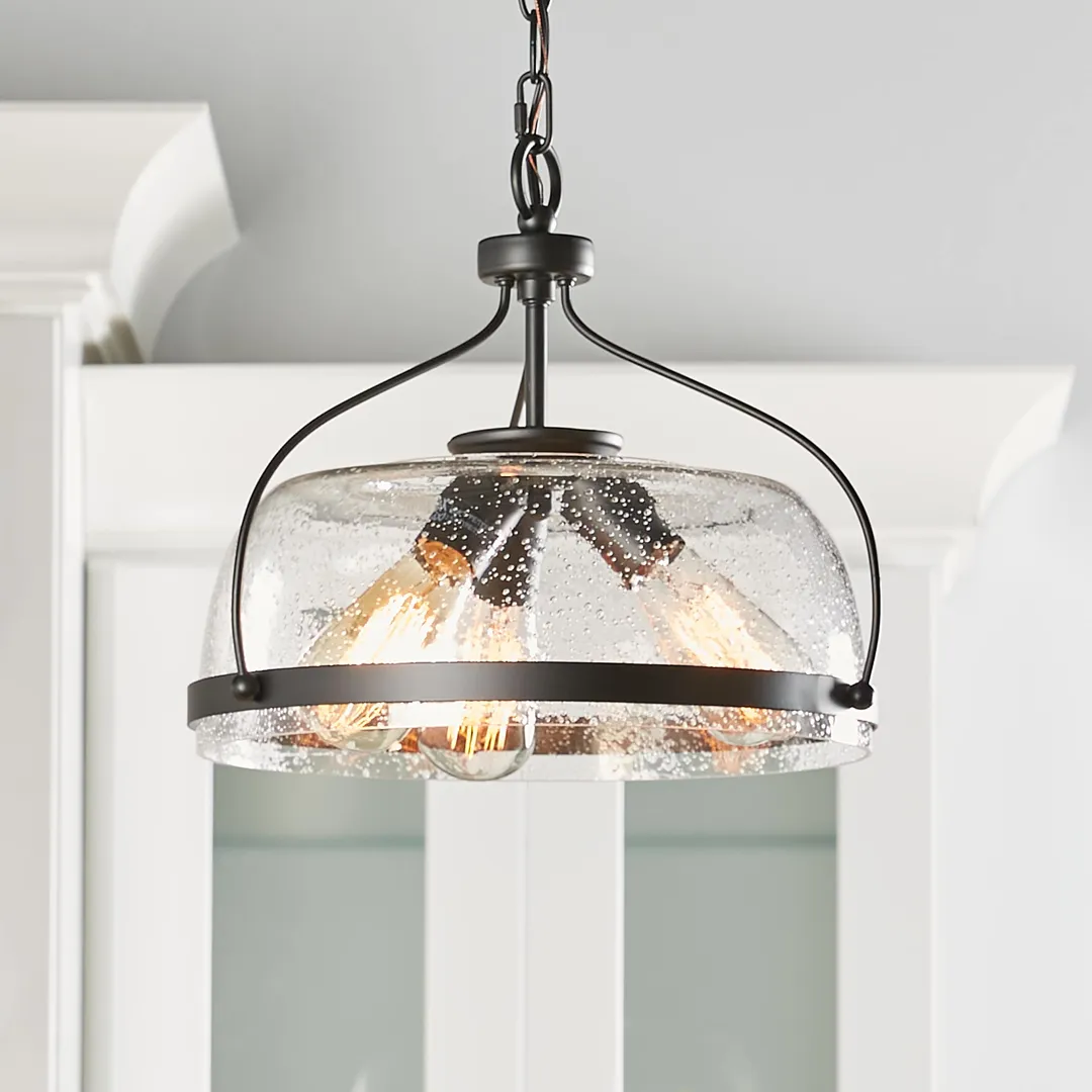 Quoizel Henderson 3-Light Matte Black Farmhouse Seeded Glass Bowl Pendant Light, 15-in, photo 7 of 12