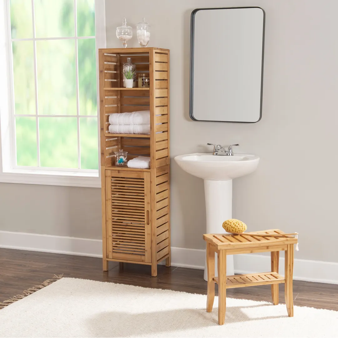 Linon Bracken Tall Cabinet 16-in x 61.75-in x 11-in Natural Bamboo Wood Freestanding Linen Cabinet, photo 6 of 10