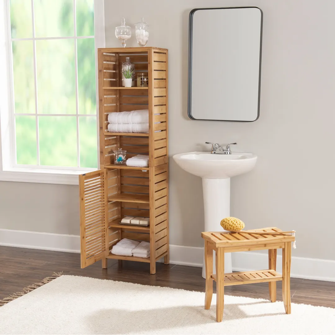 Linon Bracken Tall Cabinet 16-in x 61.75-in x 11-in Natural Bamboo Wood Freestanding Linen Cabinet, photo 7 of 10