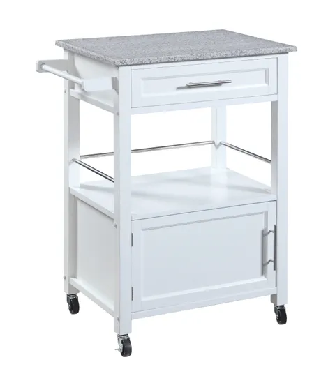 White Wood Base with Mdf Granite Top Rolling Kitchen Cart