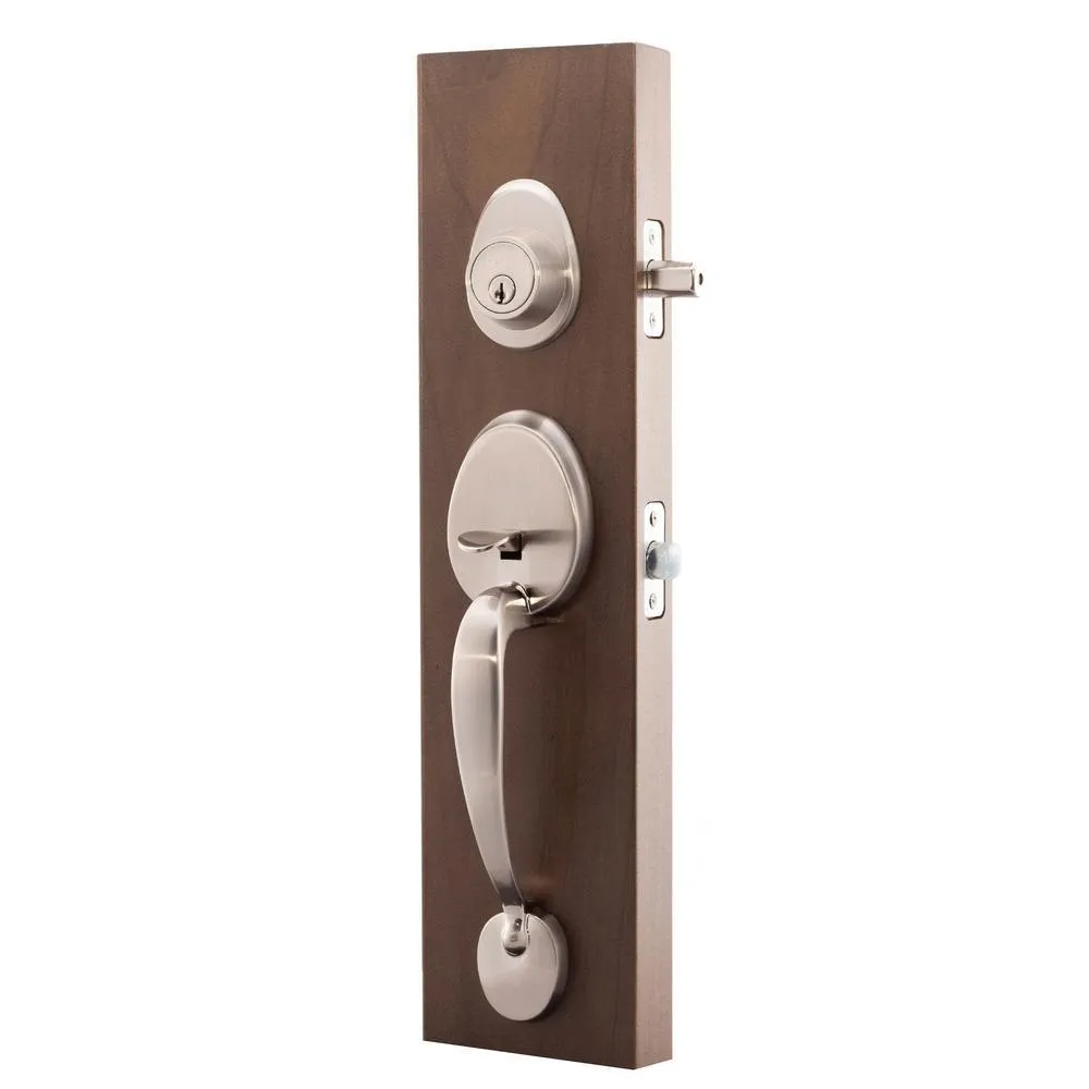Mid Century Modern Satin Stainless Door Handleset with Left Hand Scandinavian Lever Trim, photo 2 of 5