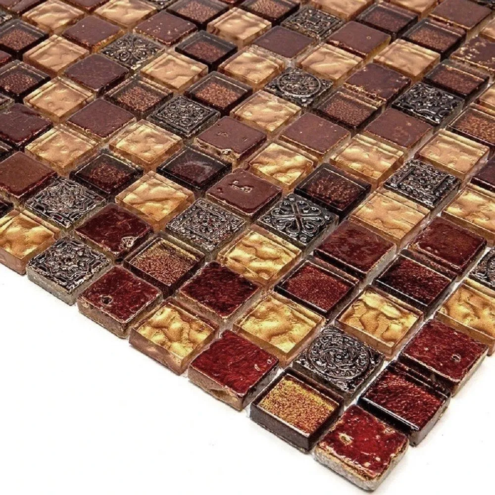 Apollo Tile (Sample) Wall Tile Mini Square Brown and Gold 4-in x 4-in Glossy Glass/Metal/Stone Marble Wall Tile, photo 4 of 4
