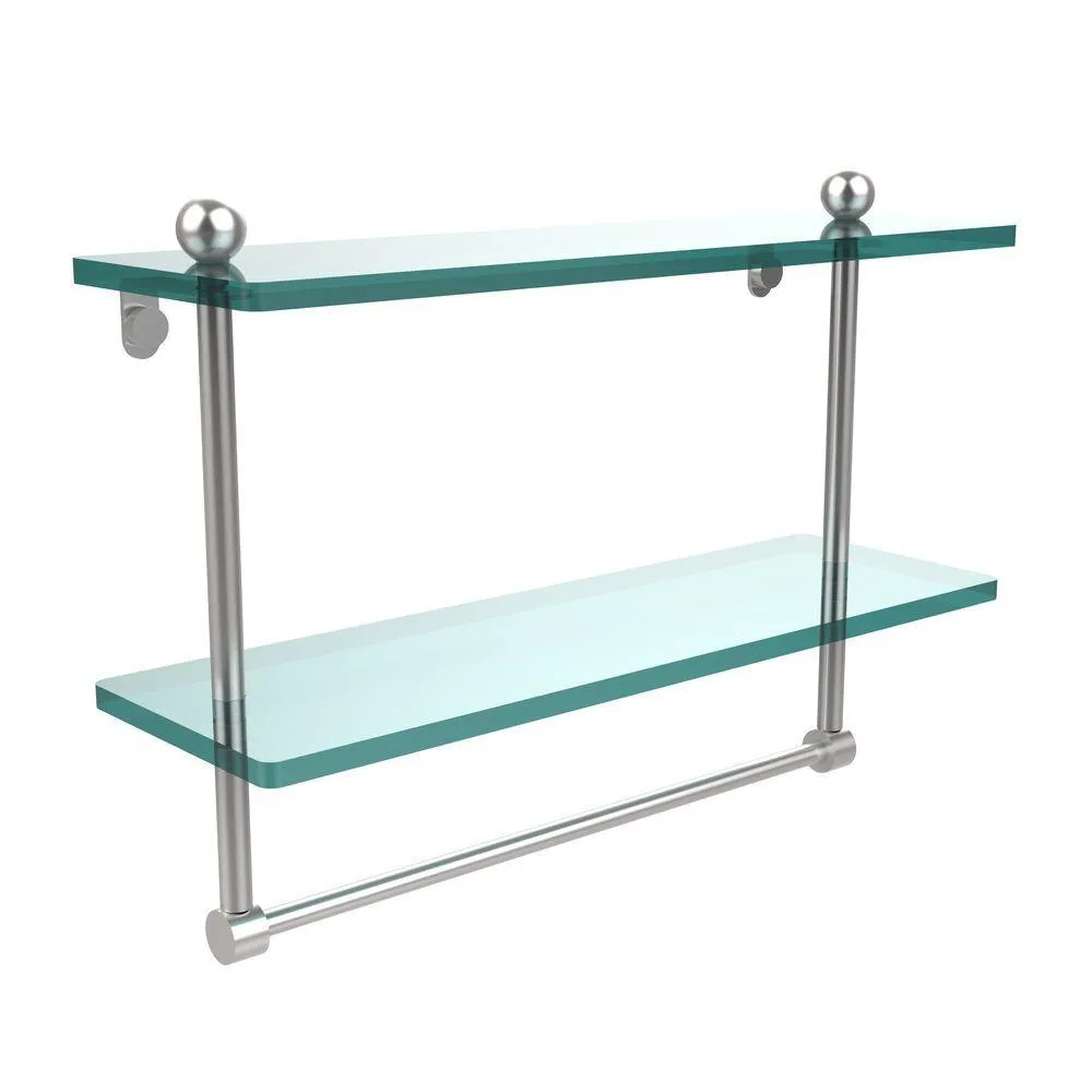 Allied Brass 16 in. L x 12 in. H x 5 in. W 2-Tier Clear Glass Bathroom Shelf with Towel Bar in Satin Nickel, photo 13 of 14