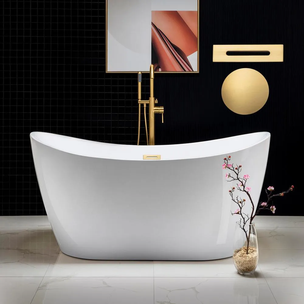 59 in. Acrylic Freestanding Double Slipper Flatbottom Soaking Bathtub with Drain and Overflow Included in White, photo 9 of 9