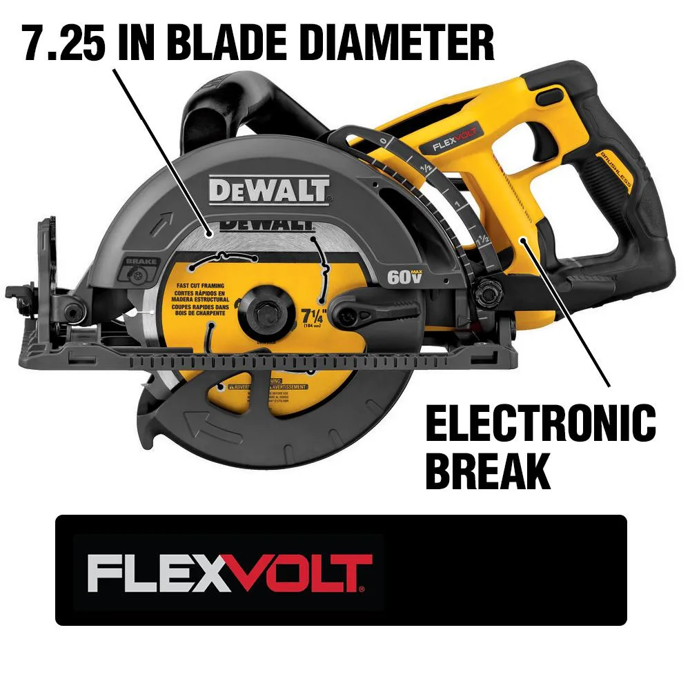 DEWALT FLEXVOLT 60-Volt MAX Lithium-Ion Cordless Brushless 7-1/4 in. Wormdrive Style Circ Saw w/ Battery 3Ah, Charger and Bag, photo 3 of 13