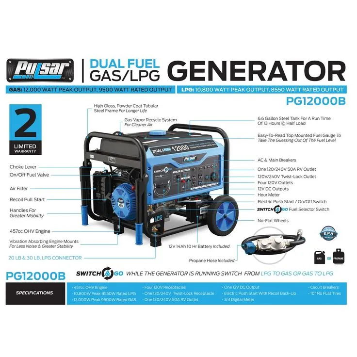 Pulsar 12,000-Watt/9,500-Watt Dual Fuel Gasoline/Propane Powered Electric/Recoil Start Portable Generator 457cc CARB Compliant, photo 3 of 11