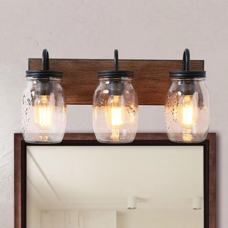 Vanity Araphi 3-Light Black Modern Farmhouse Metal Bathroom Wall Sconce with Walnut Wood Accents LED Compatible, photo 4 of 10