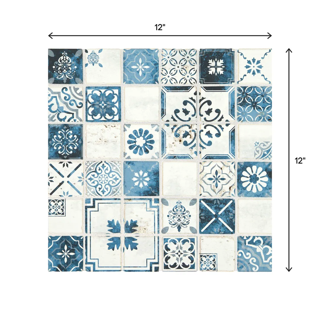 American Olean Genuine Stone Moroccan Blue 12-in x 12-in Glazed Travertine Mosaic Wall Tile, 0.97-sq ft Sheet, photo 5 of 6