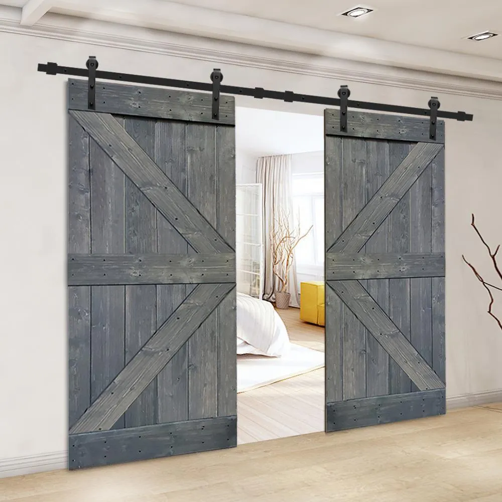 CALHOME K Series 36 in. x 84 in. Gray Stained Solid Knotty Pine Wood Double Interior Sliding Barn Doors with Hardware Kit, photo 2 of 4