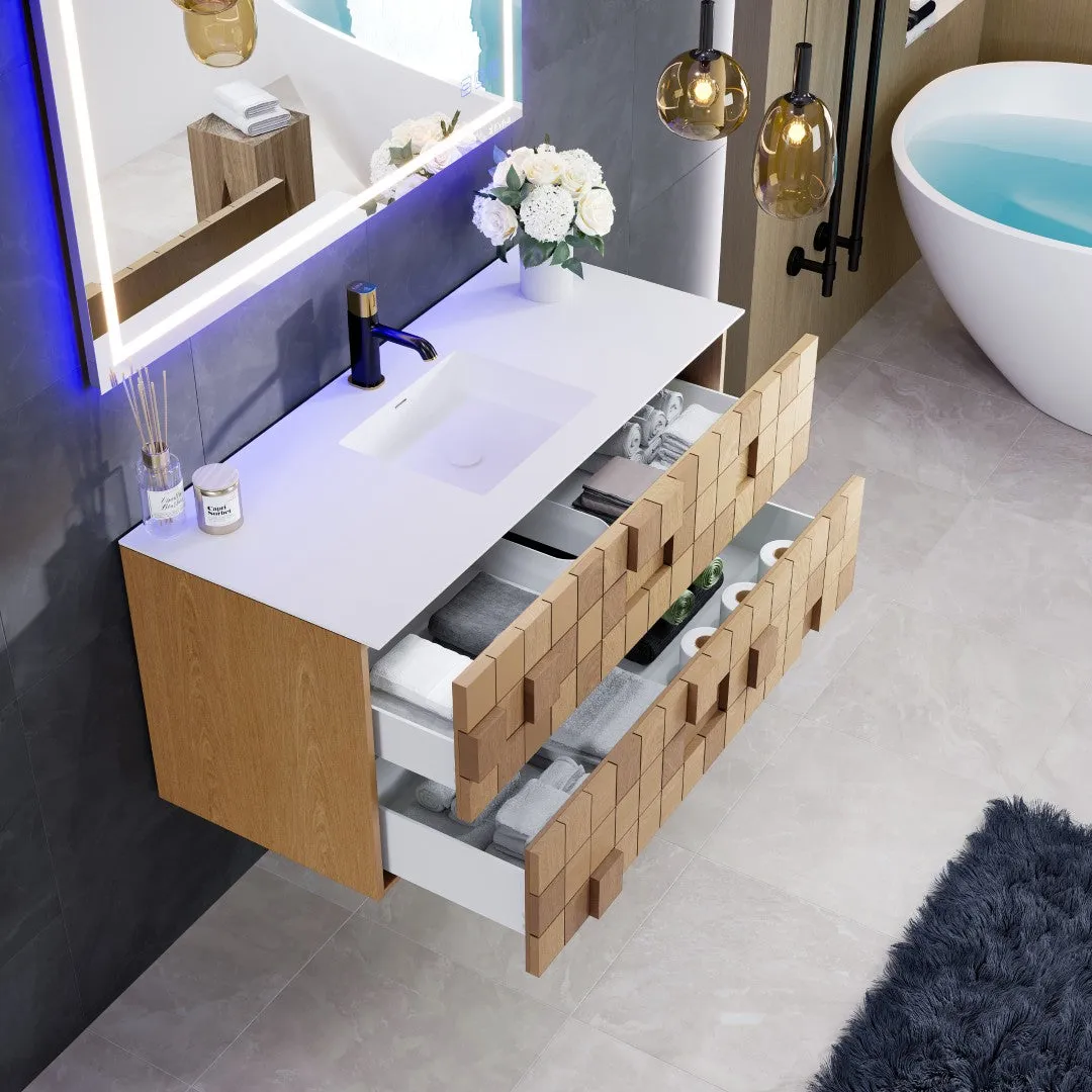 Eviva Mosaic 49"W x 20"D Natural Oak Wall Mount Bathroom Vanity with White Solid Surface Countertop and Integrated Sink, photo 5 of 7