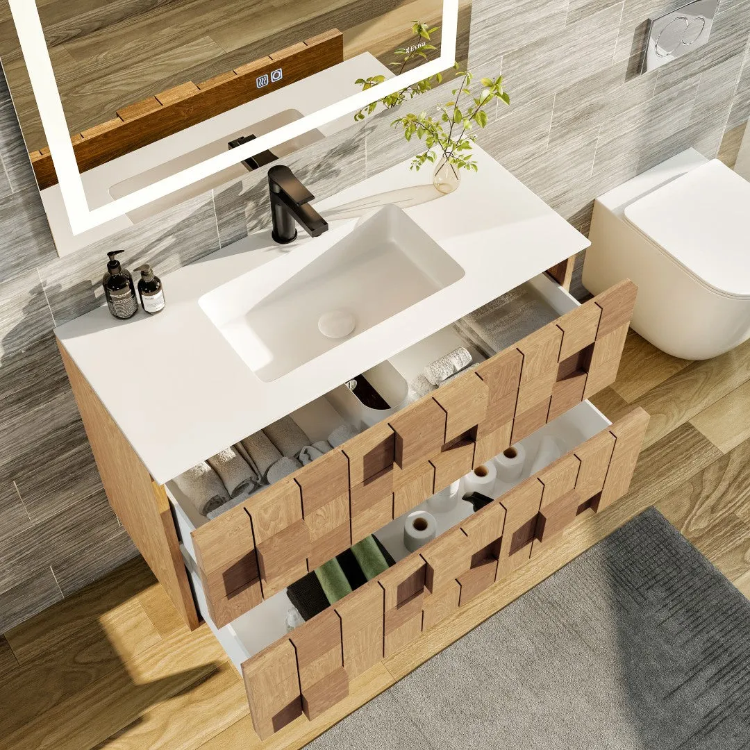 Eviva Mosaic 33"W x 20"D Natural Oak Wall Mount Bathroom Vanity with White Solid Surface Countertop and Integrated Sink, photo 4 of 7