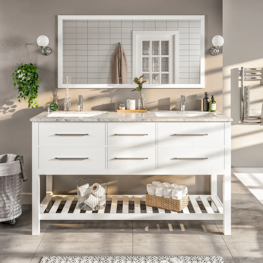 Eviva Natalie 60"W x 22"D Gray Double Sink Bathroom Vanity with White Carrara Marble Countertop and Undermount Porcelain Sinks, photo 2 of 7