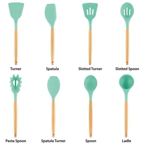 Mint Green Silicone and Wood Cooking Utensils (Set of 9)