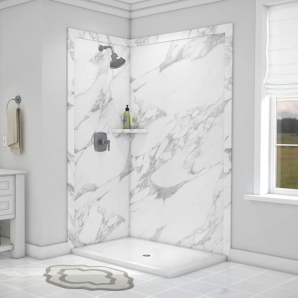 Elegance 36 in. x 48 in. x 80 in. 7-Piece Easy Up Adhesive Corner Shower Wall Surround in Triton, photo 8 of 24