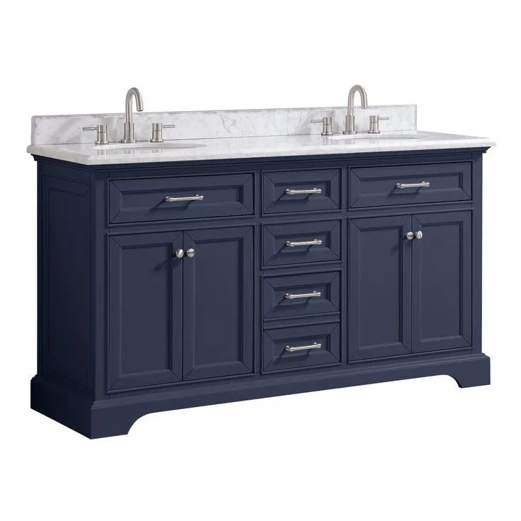 Windlowe 61 in. W x 22 in. D x 35 in. H Bath Vanity in Navy Blue with Carrara Marble Vanity Top in White with White Sink, photo 2 of 9