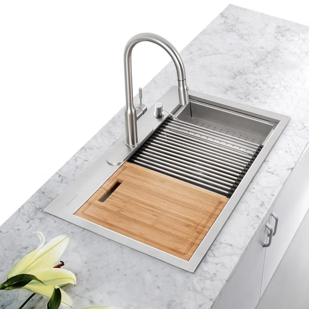 All-in-One Drop-In Stainless Steel 33 in. 4-Hole 50/50 Double Bowl Workstation Sink with Faucet and Accessories Kit, photo 2 of 10