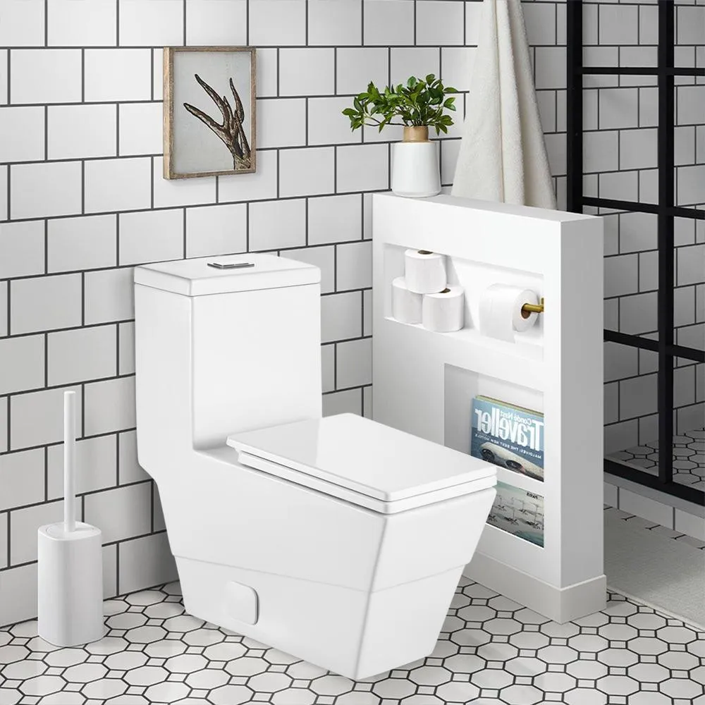 12 in. Rough-In 1-Piece 1.28 GPF Single Flush Square Toilet in White, Seat Included, photo 2 of 3