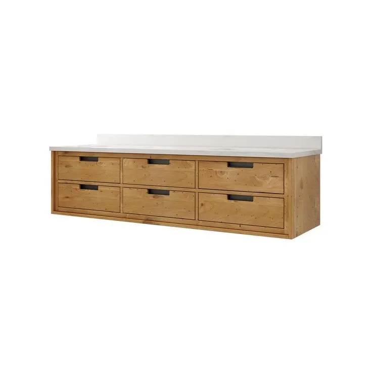 Vinespring 72 in. W x 22 in.D Double Wall Hung Bath Vanity in Wood Tone with Marble Vanity Top in White with White Sink, photo 2 of 4
