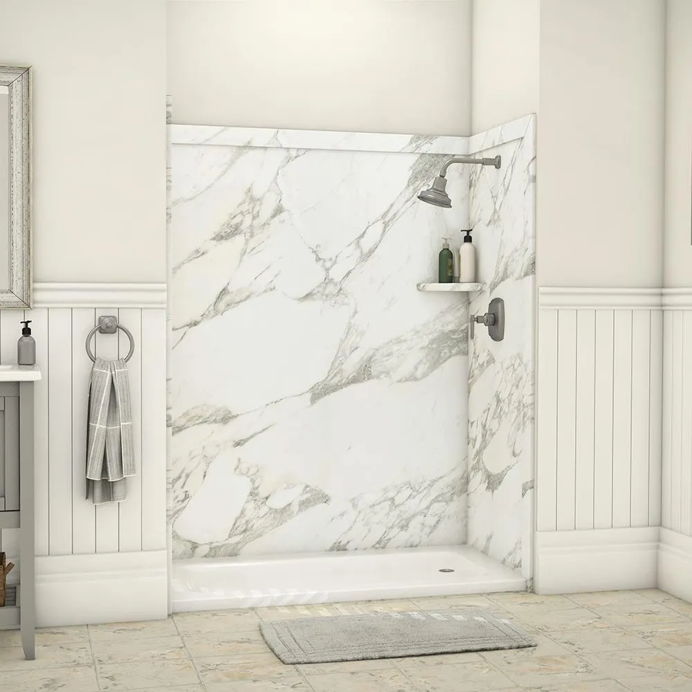 FlexStone Royale 36 in. x 60 in. x 80 in. 11-Piece Easy Up Adhesive Alcove Bathtub/Shower Wall Surround in Calacatta White, photo 25 of 26